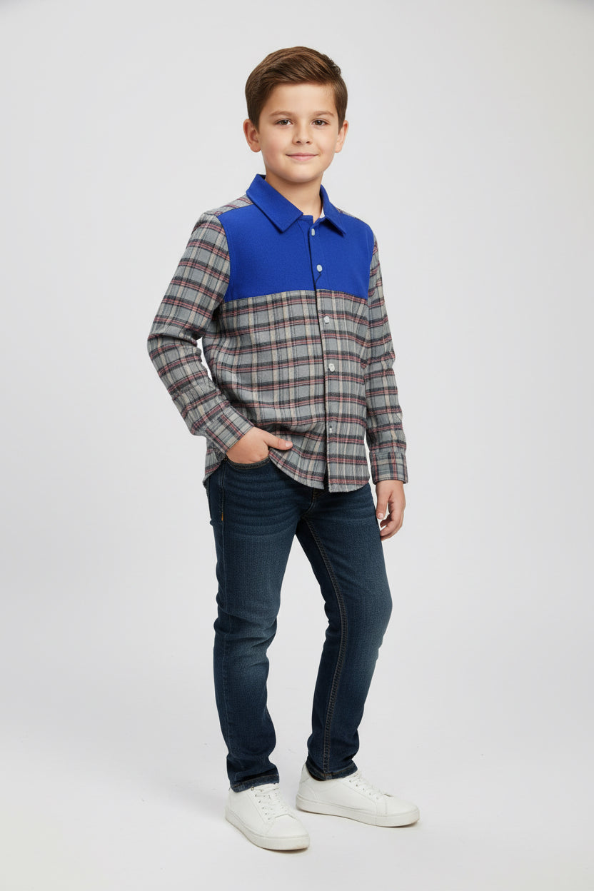 Boys' Blue Panel Plaid Flannel Shirt – Long Sleeve Cotton Button-Down (Ages 3-14) | MH