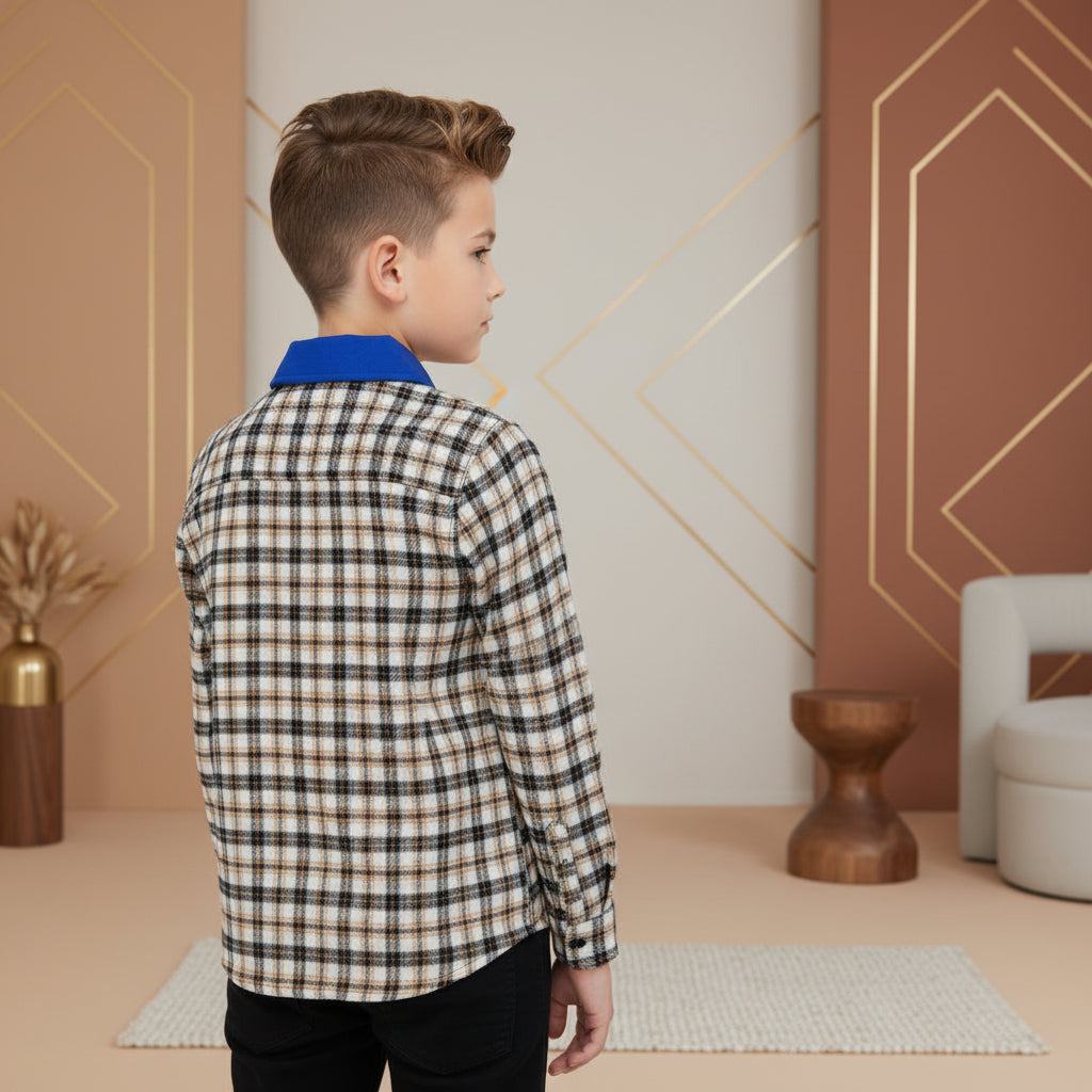 Boys' Blue Panel Plaid Flannel Shirt – Long Sleeve Cotton Button-Down (Ages 3-14) | MH
