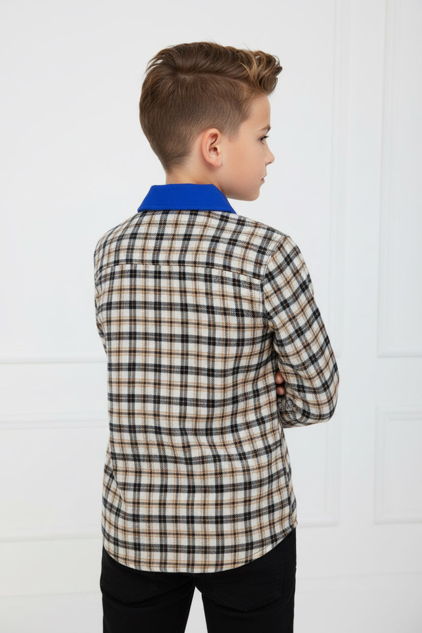 Boys' Blue Panel Plaid Flannel Shirt – Long Sleeve Cotton Button-Down (Ages 3-14) | MH