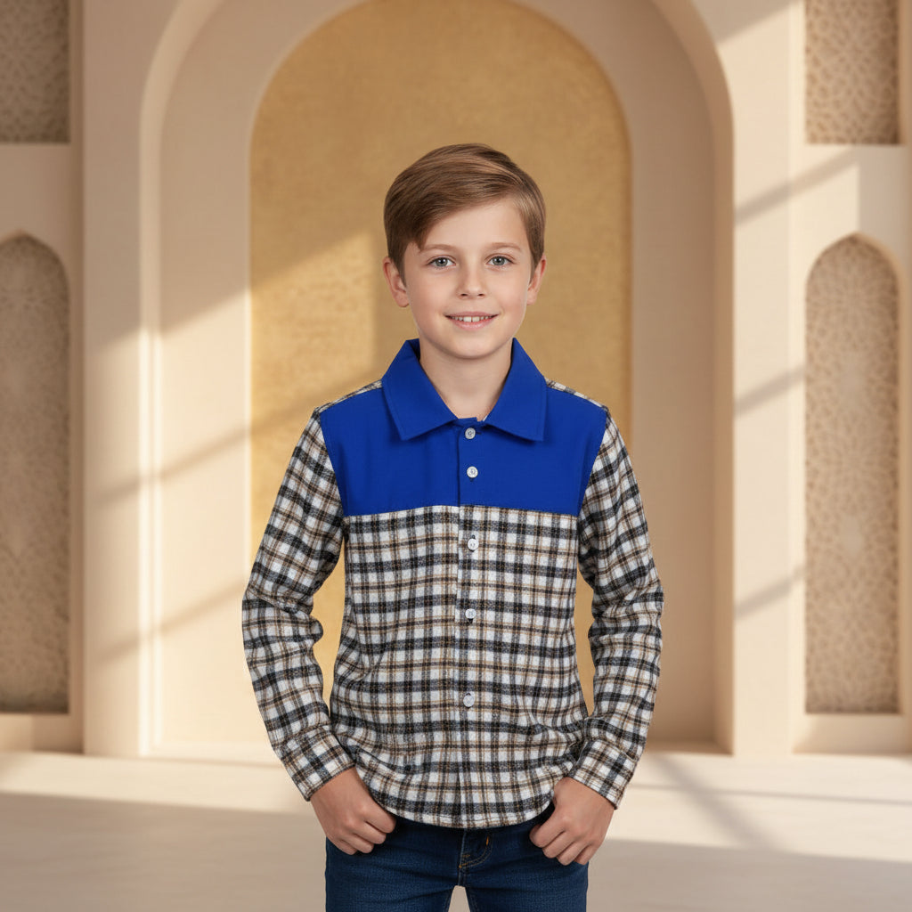Boys' Blue Panel Plaid Flannel Shirt – Long Sleeve Cotton Button-Down (Ages 3-14) | MH