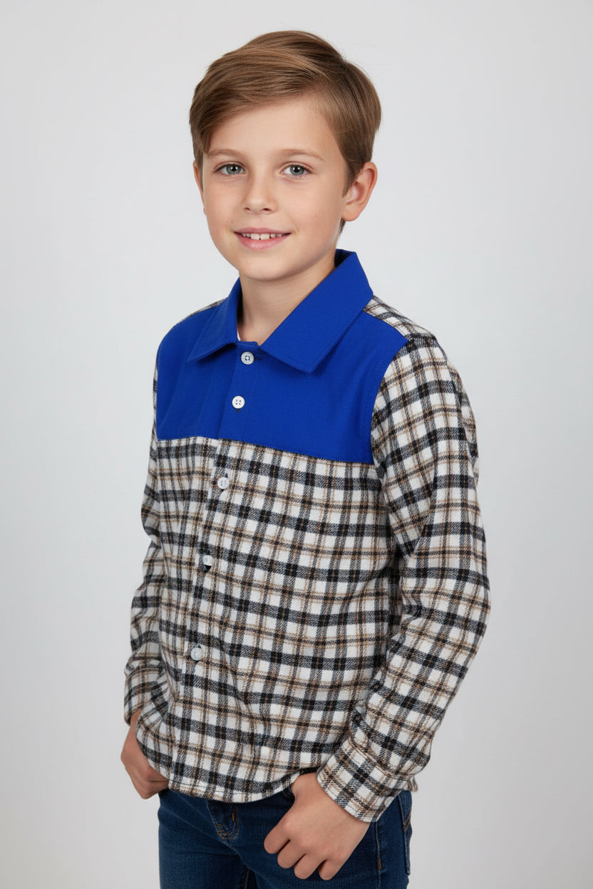 Boys' Blue Panel Plaid Flannel Shirt – Long Sleeve Cotton Button-Down (Ages 3-14) | MH