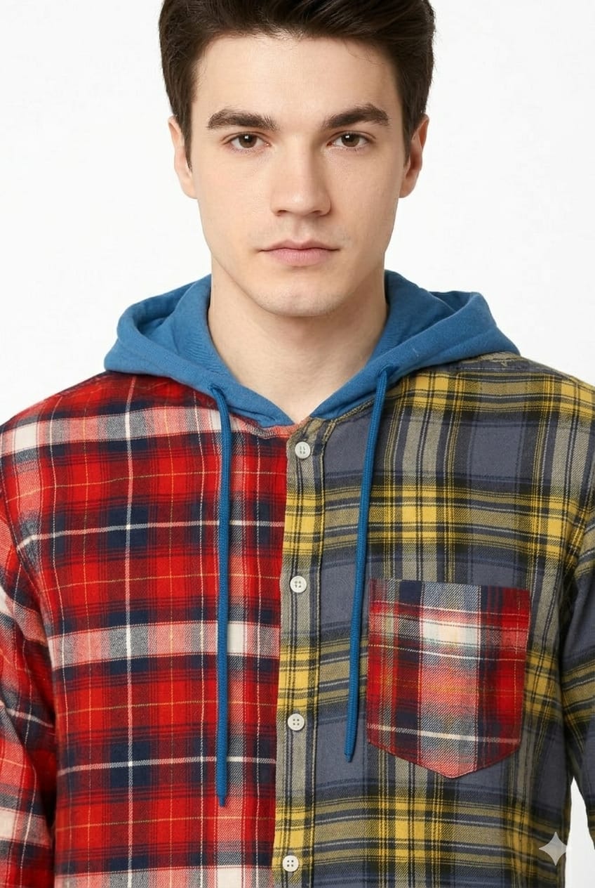 Men’s Colorblock Plaid Flannel Shirt with Blue Hood | Sizes S-XXL | MH