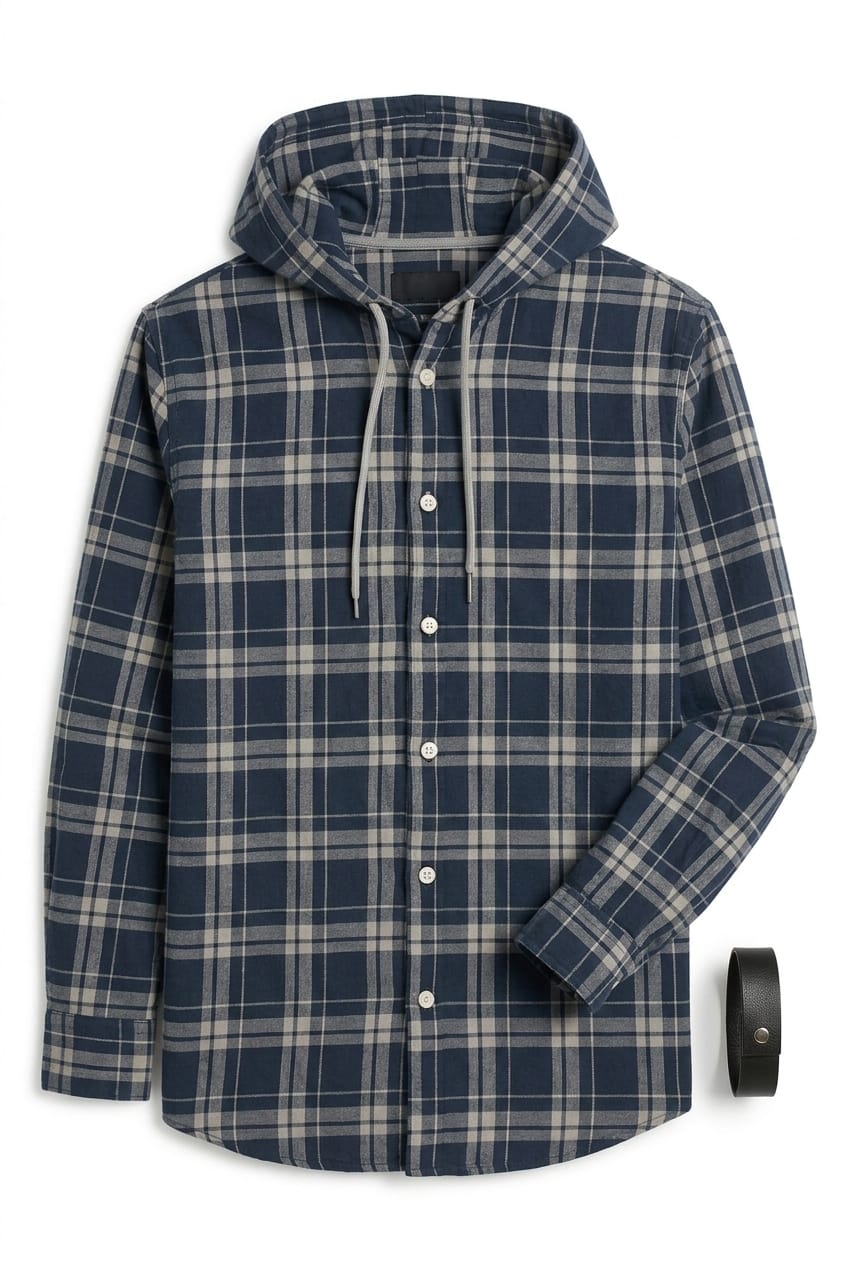 Men’s Navy Blue Checkered Hooded Casual Shirt – Full Sleeve | Sizes S-XXL | MH