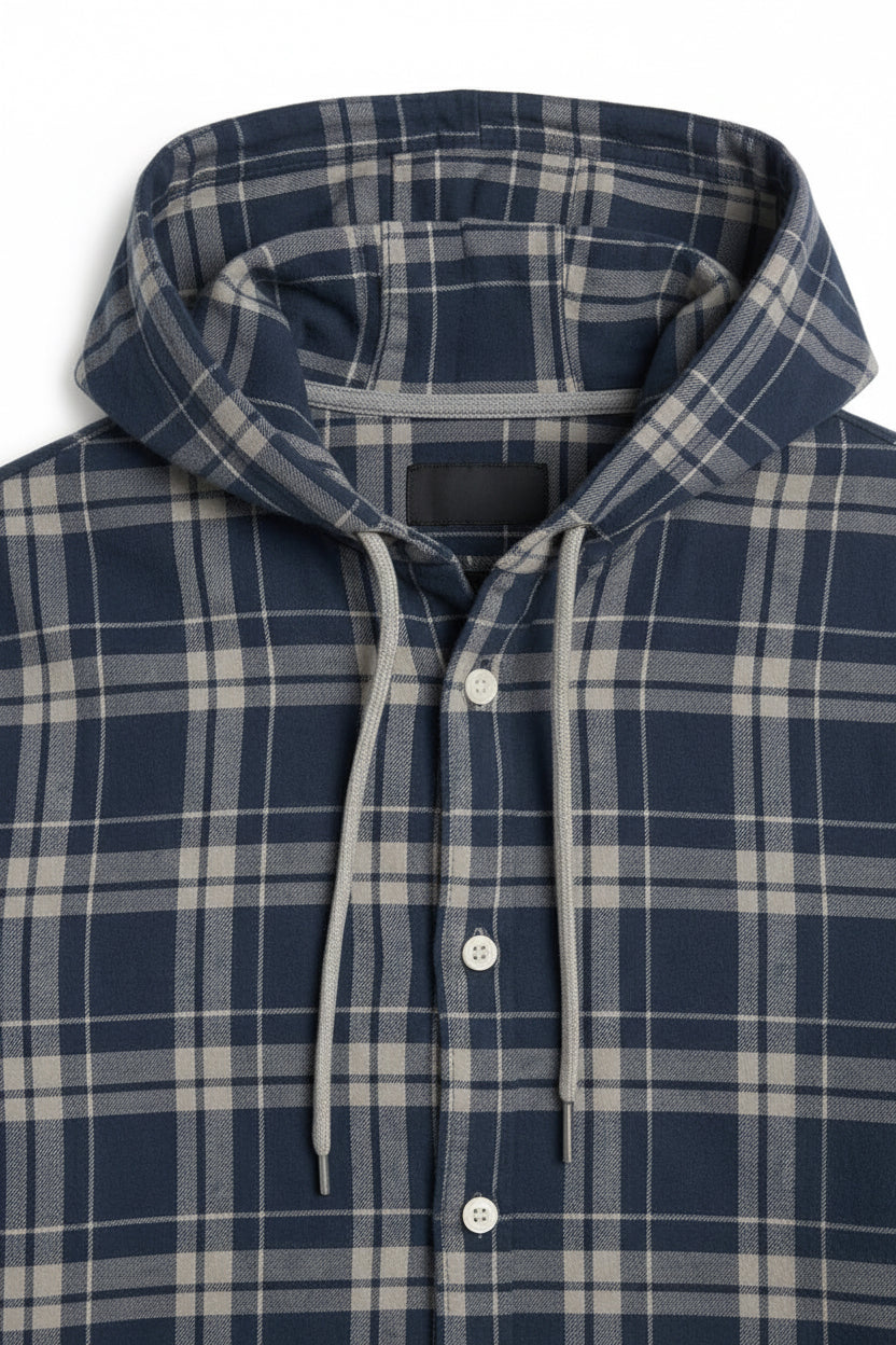 Men’s Navy Blue Checkered Hooded Casual Shirt – Full Sleeve | Sizes S-XXL | MH