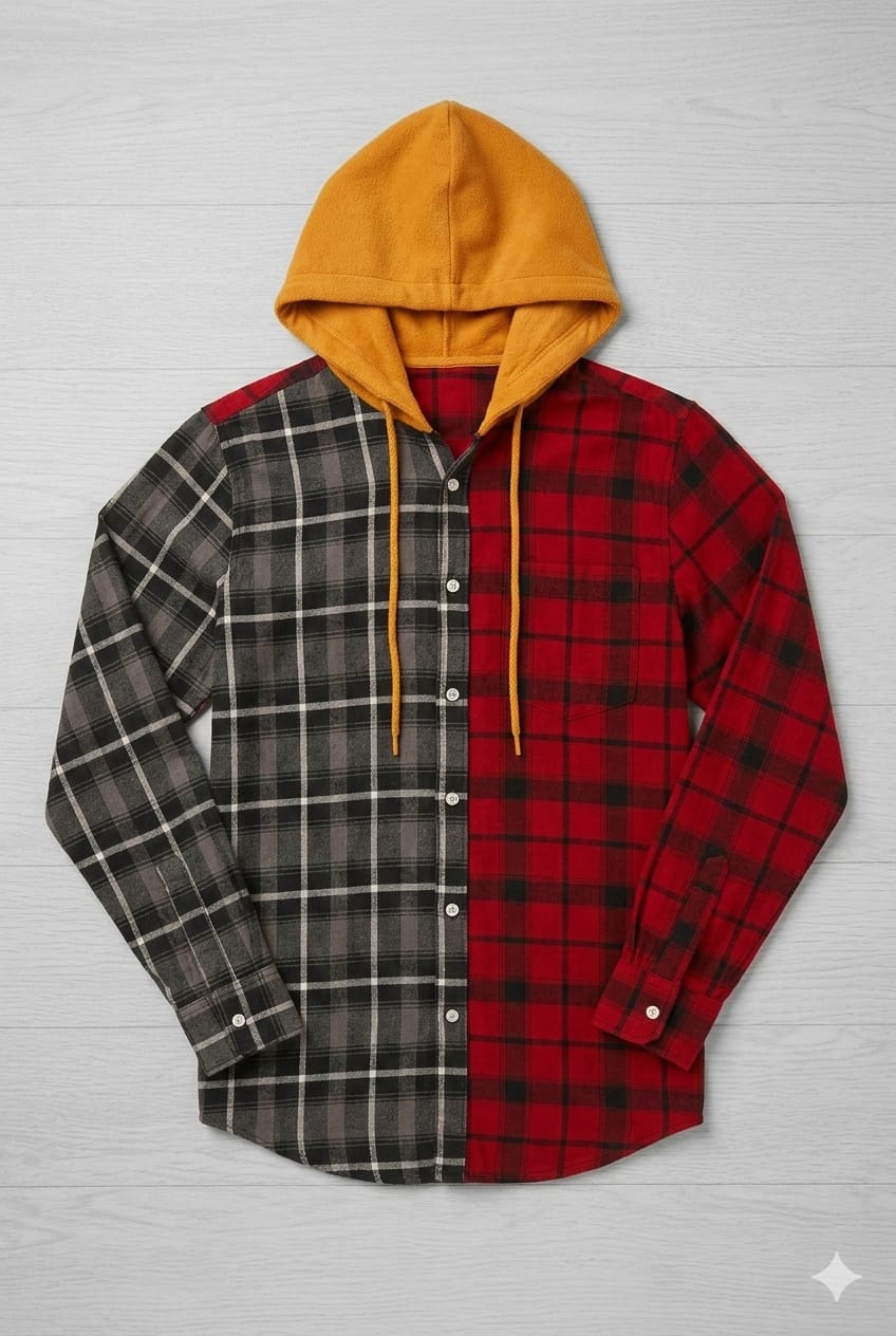 Men's Two-Tone Plaid Hoodie Shirt – Red & Grey with Mustard Hood | Sizes S-XXL | MH