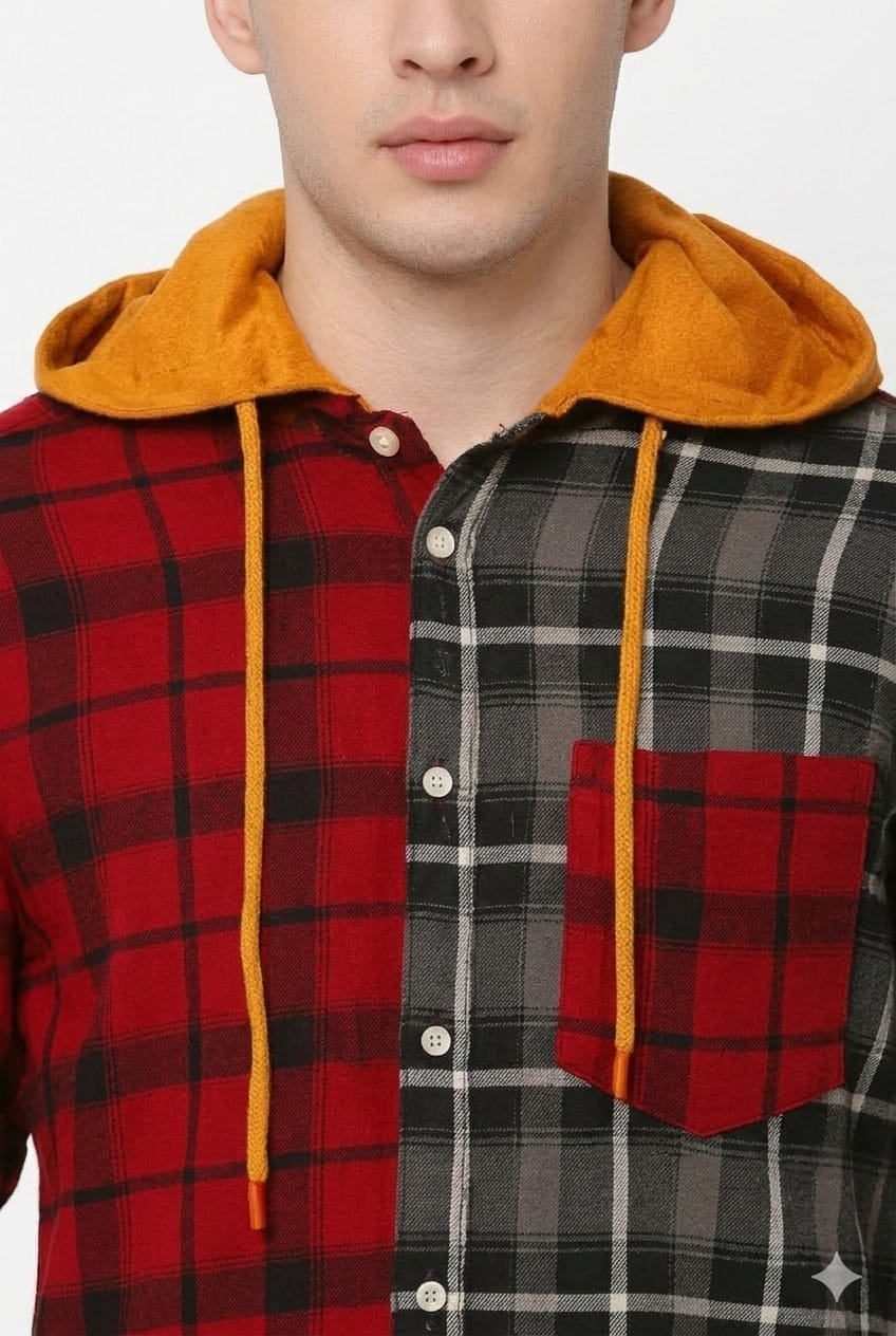 Men's Two-Tone Plaid Hoodie Shirt – Red & Grey with Mustard Hood | Sizes S-XXL | MH