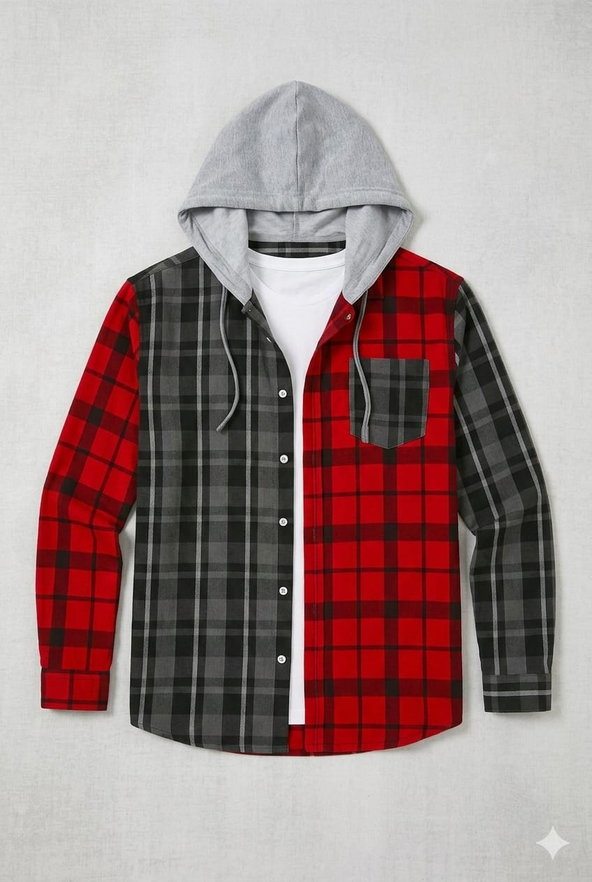 Mens Two-Tone Plaid Hoodie Shirt – Red & Charcoal | Sizes S-XXL | MH