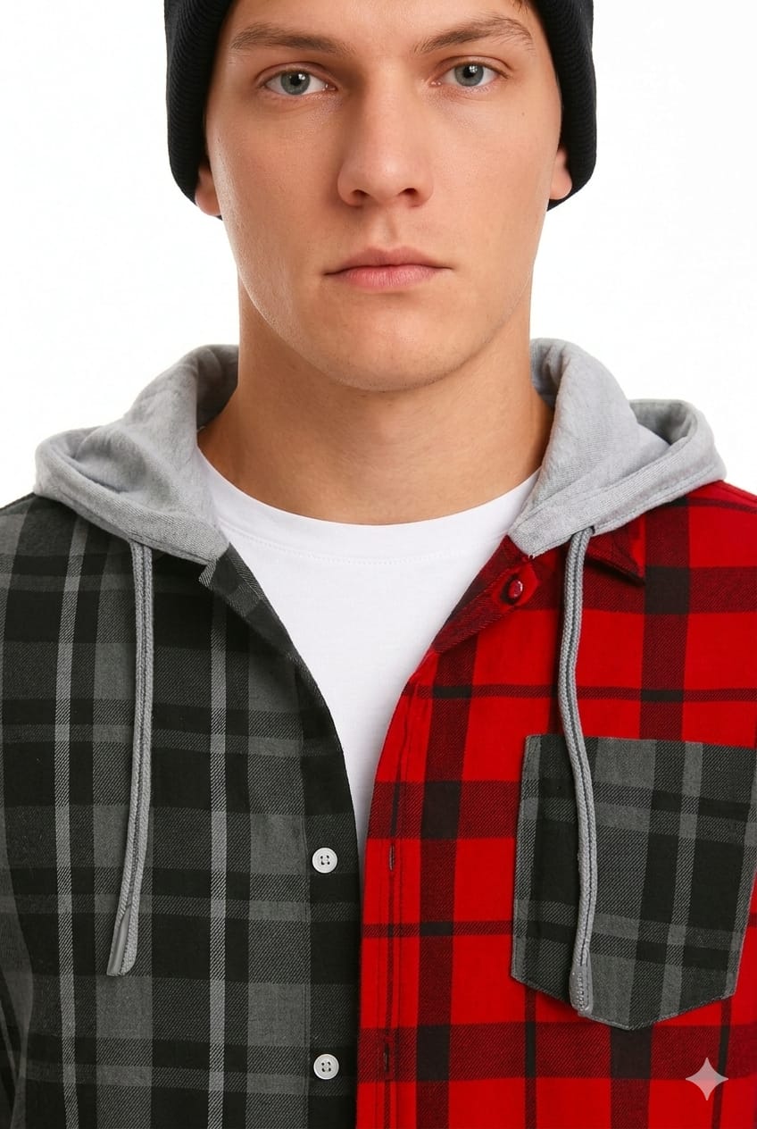 Mens Two-Tone Plaid Hoodie Shirt – Red & Charcoal | Sizes S-XXL | MH