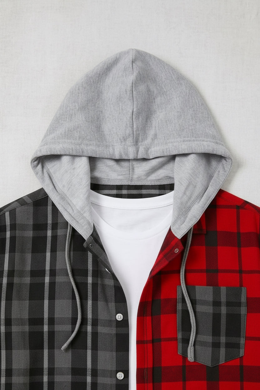 Mens Two-Tone Plaid Hoodie Shirt – Red & Charcoal | Sizes S-XXL | MH