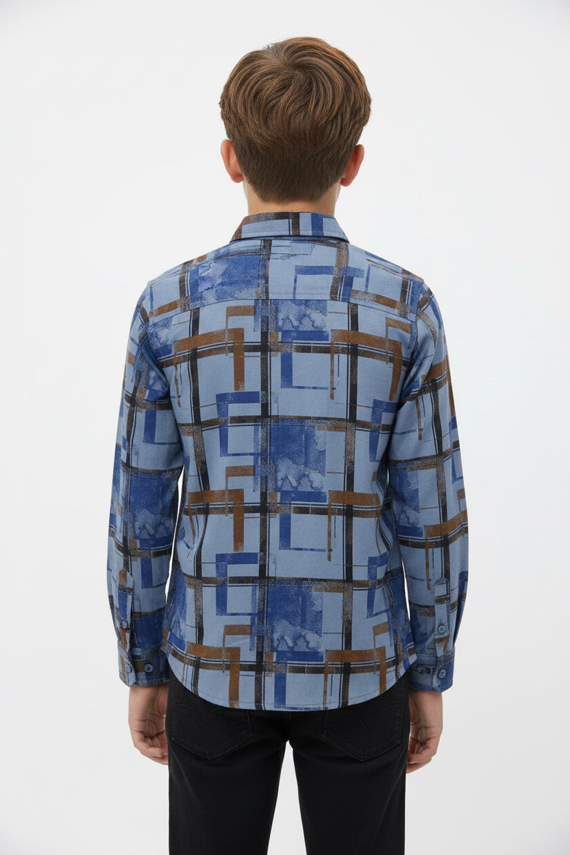 Boys Long Sleeve Printed Casual Shirt | Blue Geometric Print | Ages 3–14 Years | MH