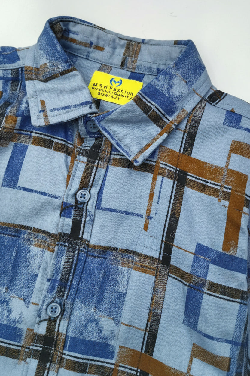 Boys Long Sleeve Printed Casual Shirt | Blue Geometric Print | Ages 3–14 Years | MH