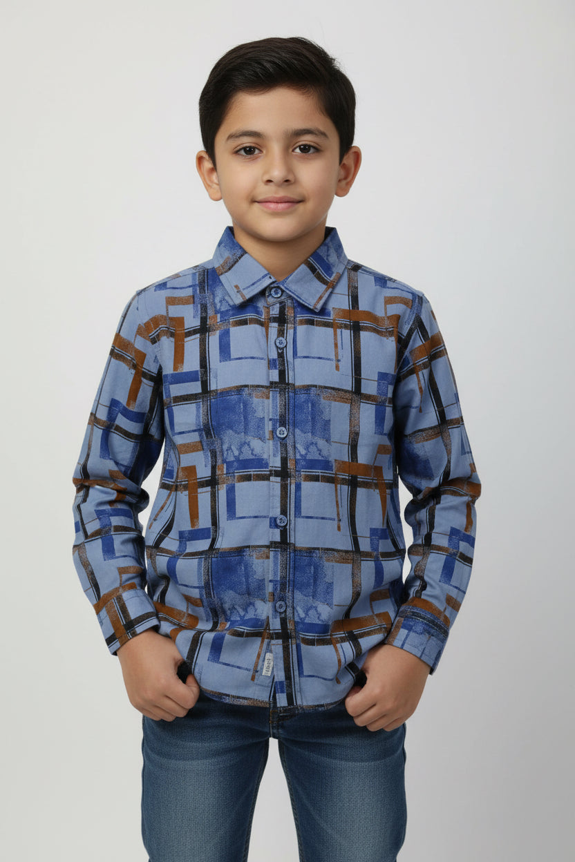 Boys Long Sleeve Printed Casual Shirt | Blue Geometric Print | Ages 3–14 Years | MH
