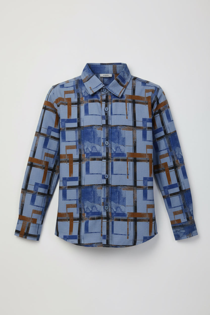 Boys Long Sleeve Printed Casual Shirt | Blue Geometric Print | Ages 3–14 Years | MH