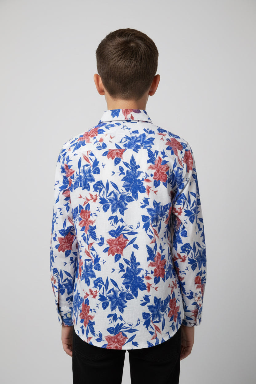Boys Floral Print Long Sleeve Shirt | White Blue & Red Flower Pattern | Ages 3–14 Years | MH