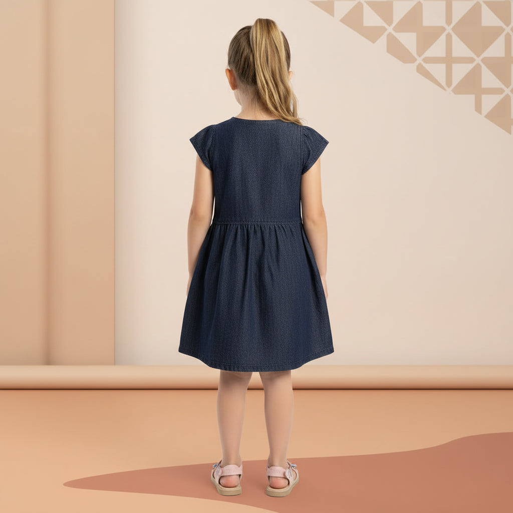 Girls Denim Dress with Butterfly Embroidery - Navy Blue Button Front Dress 1-6 Years