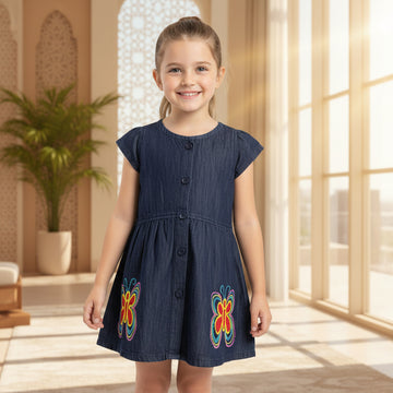 Girls Denim Dress with Butterfly Embroidery - Navy Blue Button Front Dress 1-6 Years