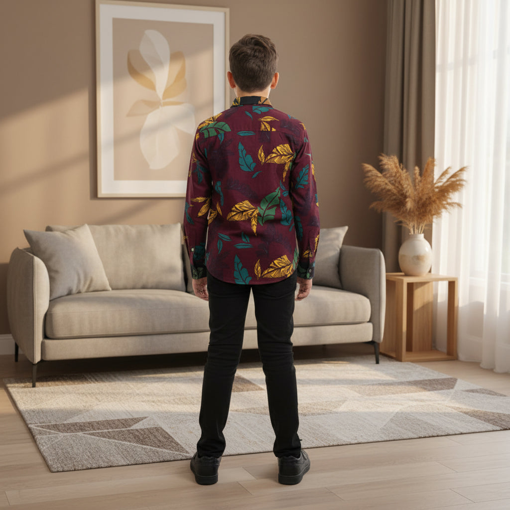 Boys Tropical Leaf Print Casual Long Sleeve Shirt | Burgundy | Ages 1–12 Years | MH