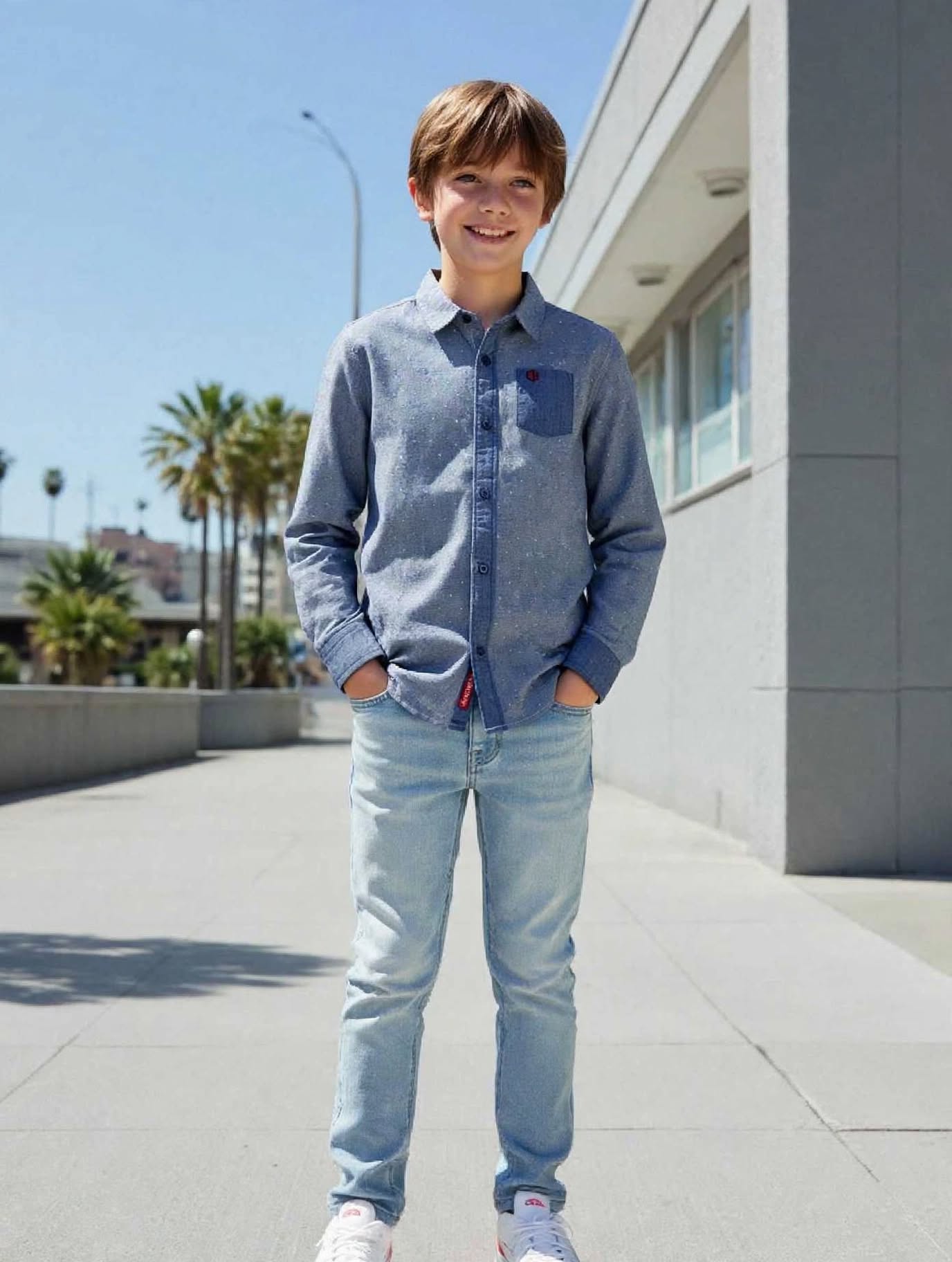 Boys’ Grey Long Sleeve Button-Up Shirt Chambray Pocket Casual | Sizes 2-12Years | MH