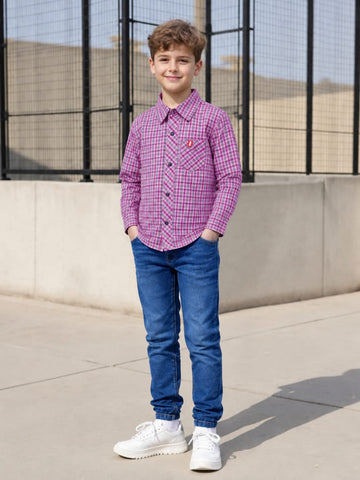 Kids Purple Checkered Shirt Boys Long Sleeve Collar Pocket | Ages 2-12 Sizes | MH