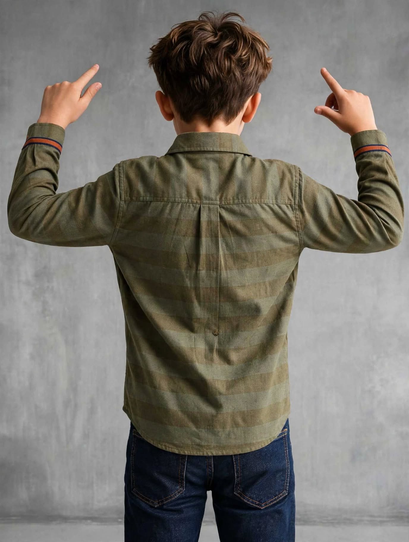 Olive Horizon: Boys’ Striped Long-Sleeve Button-Down with Contrast Pocket Shirt,Size 3-14Years I MH