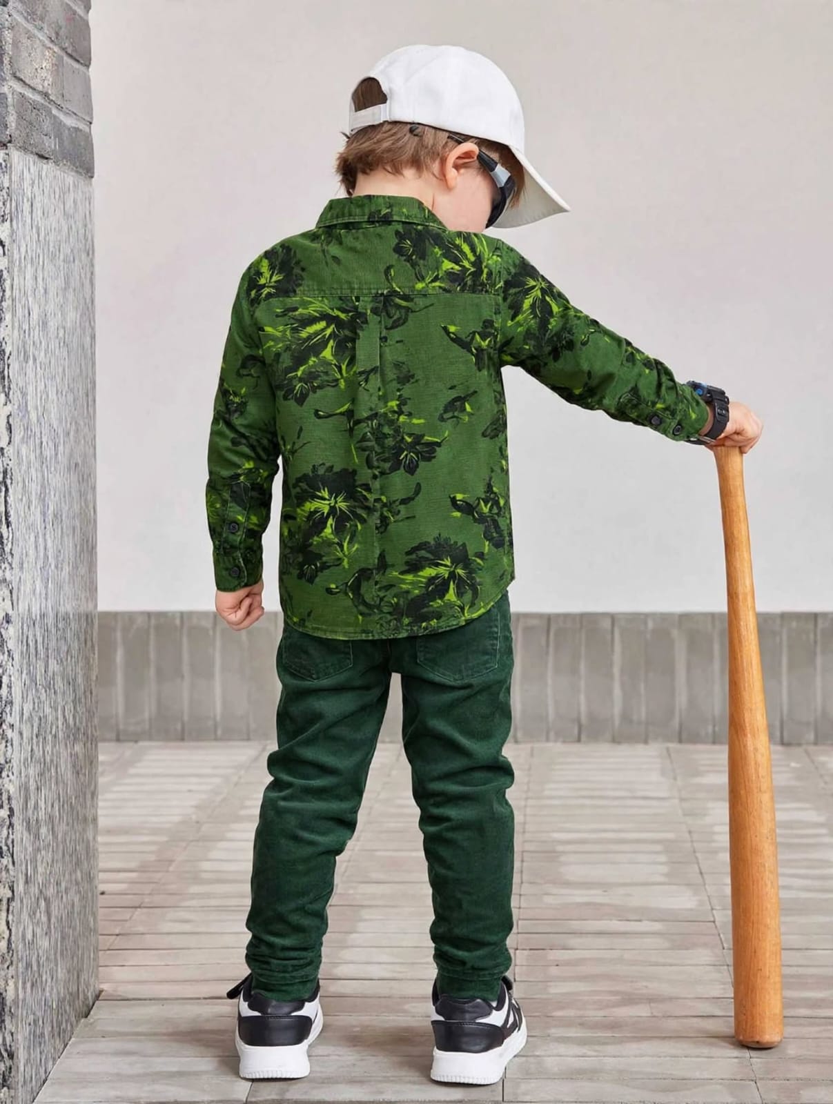 Boys Olive Green Camo Tropical Shadow Print Long Sleeve Shirt | Chest Pocket Dark Buttons Casual | Ages 3–14 Years | MH