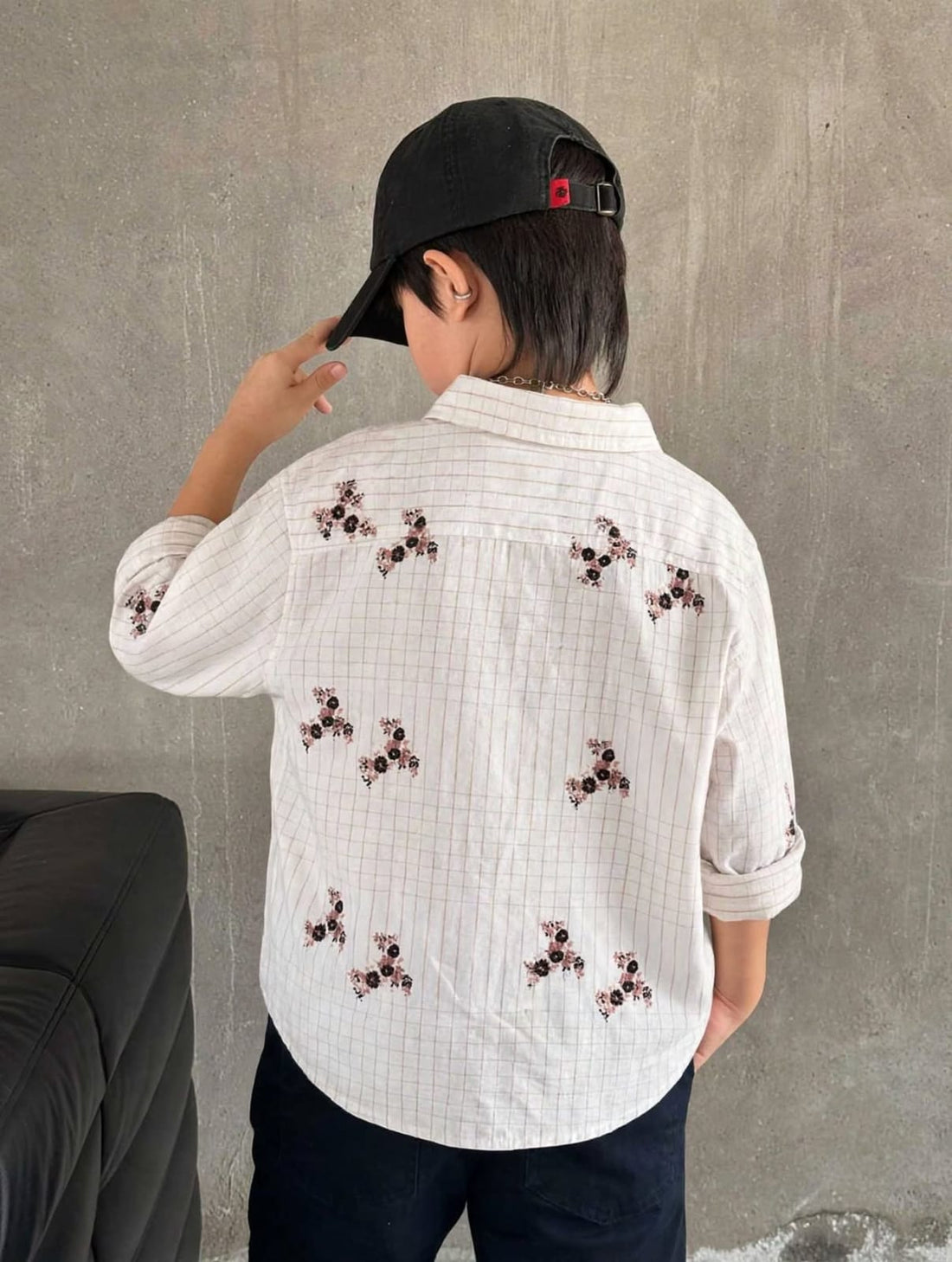 Boys Cream Grid Check Floral Scatter Print Shirt | Navy Polka Dot Contrast Pocket & Collar | Ages 3–14 Years | MH