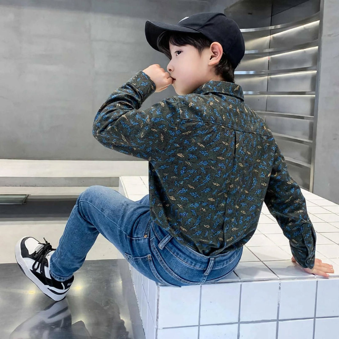 Boys Dark Charcoal Blue & Gold Feather Scatter Print Long Sleeve Shirt | Smart Casual | Ages 3–14 Years | MH