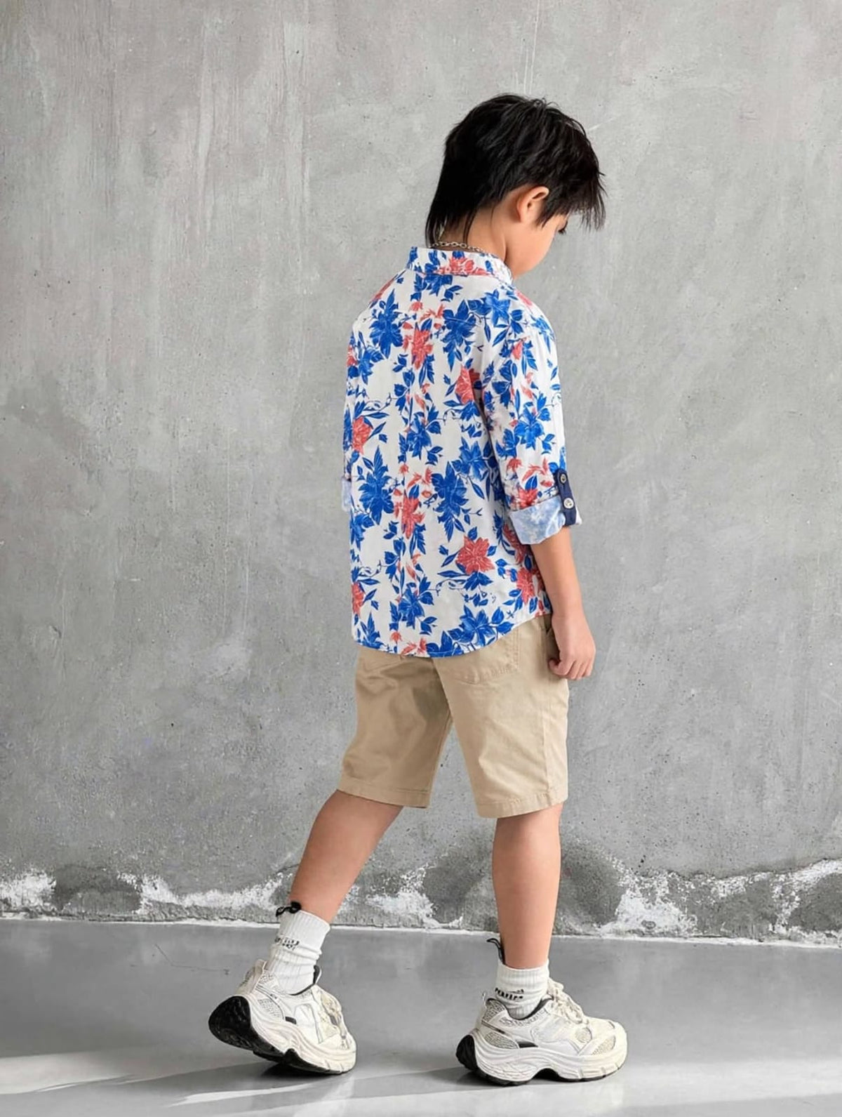 Boys Floral Print Long Sleeve Shirt | White Blue & Red Flower Pattern | Ages 3–14 Years | MH