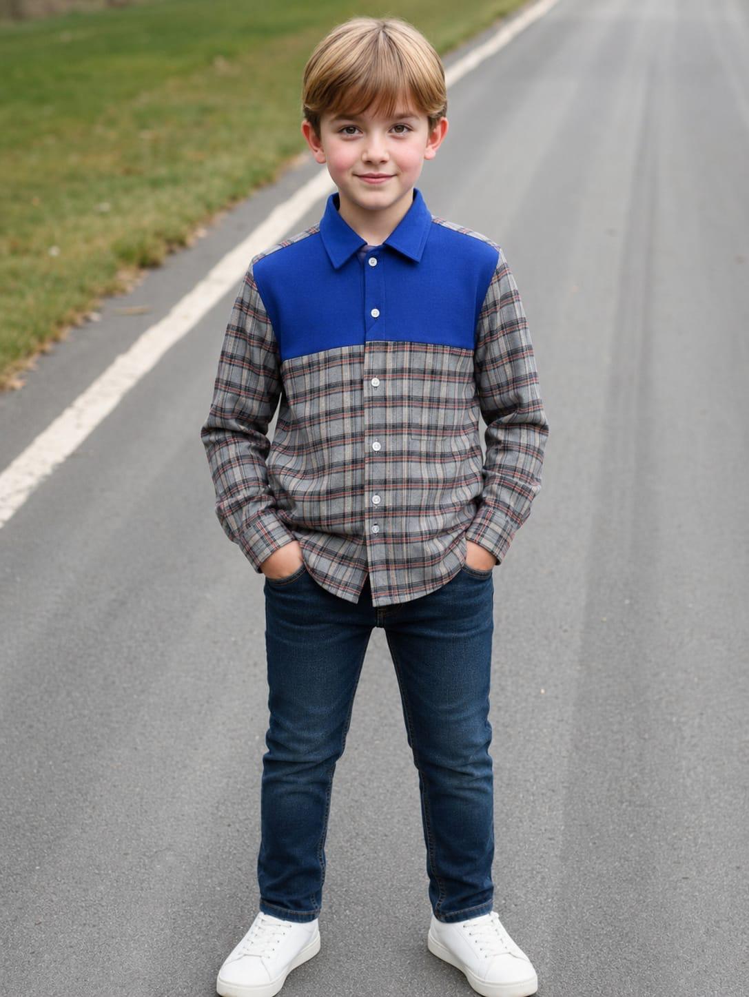 Boys' Blue Panel Plaid Flannel Shirt – Long Sleeve Cotton Button-Down (Ages 3-14) | MH