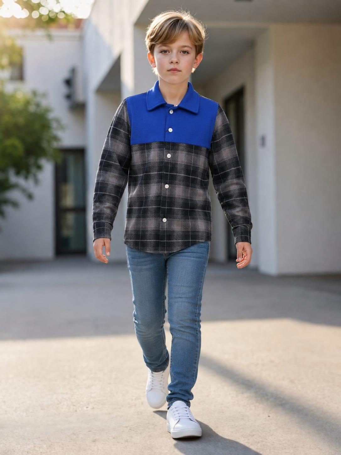 Boys' Blue Panel Plaid Flannel Shirt – Long Sleeve Cotton Button-Down (Ages 3-14) | MH