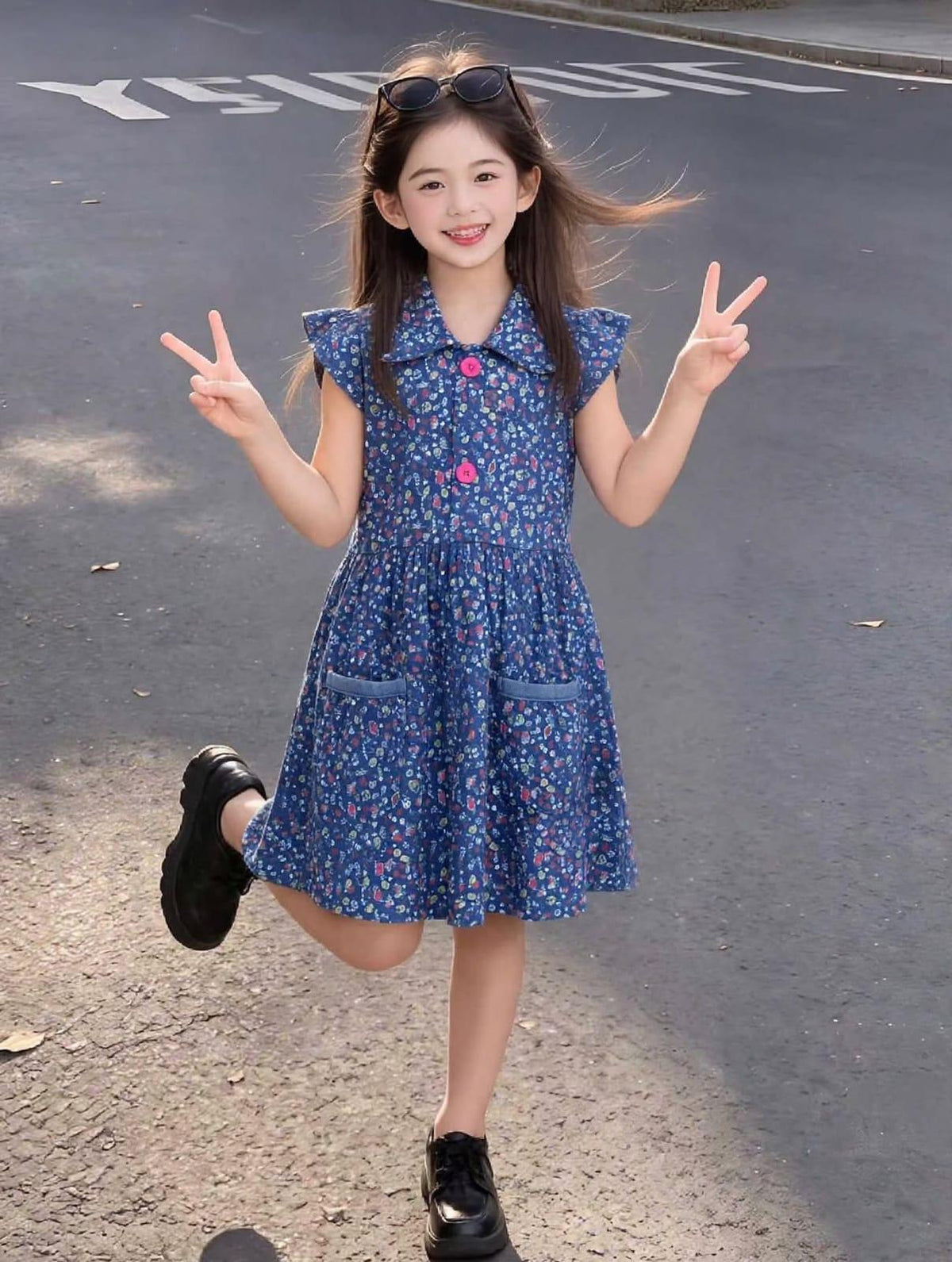 Girls' Navy Floral Short Sleeve Dress – Cotton A-Line Summer Dress with Pockets (6-12Month) | MH