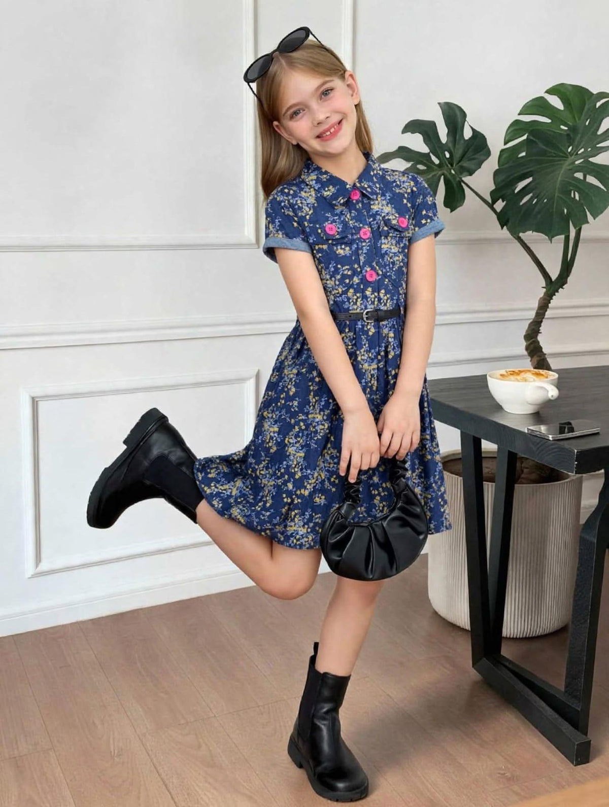 Girls' Navy Floral Short Sleeve Dress – Cotton A-Line Summer Dress with Belt | Sizes (2-12 Years) | MH