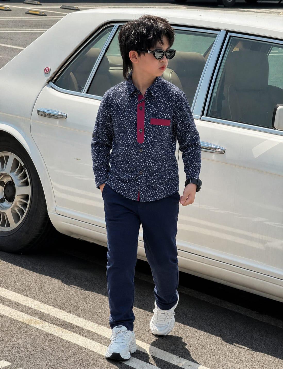 Boys' Navy Blue Cotton Shirt with Maroon Accents and Micro Floral Print | Sizes 2-12Years |MH