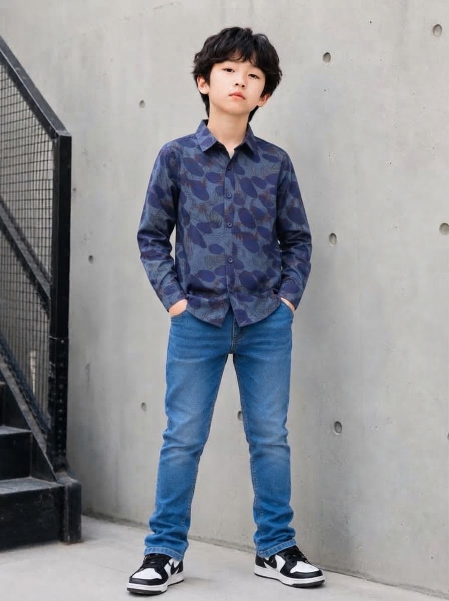Boys Navy Blue Floral Abstract Print Long Sleeve Shirt | Smart Casual | Ages 3–14 Years
