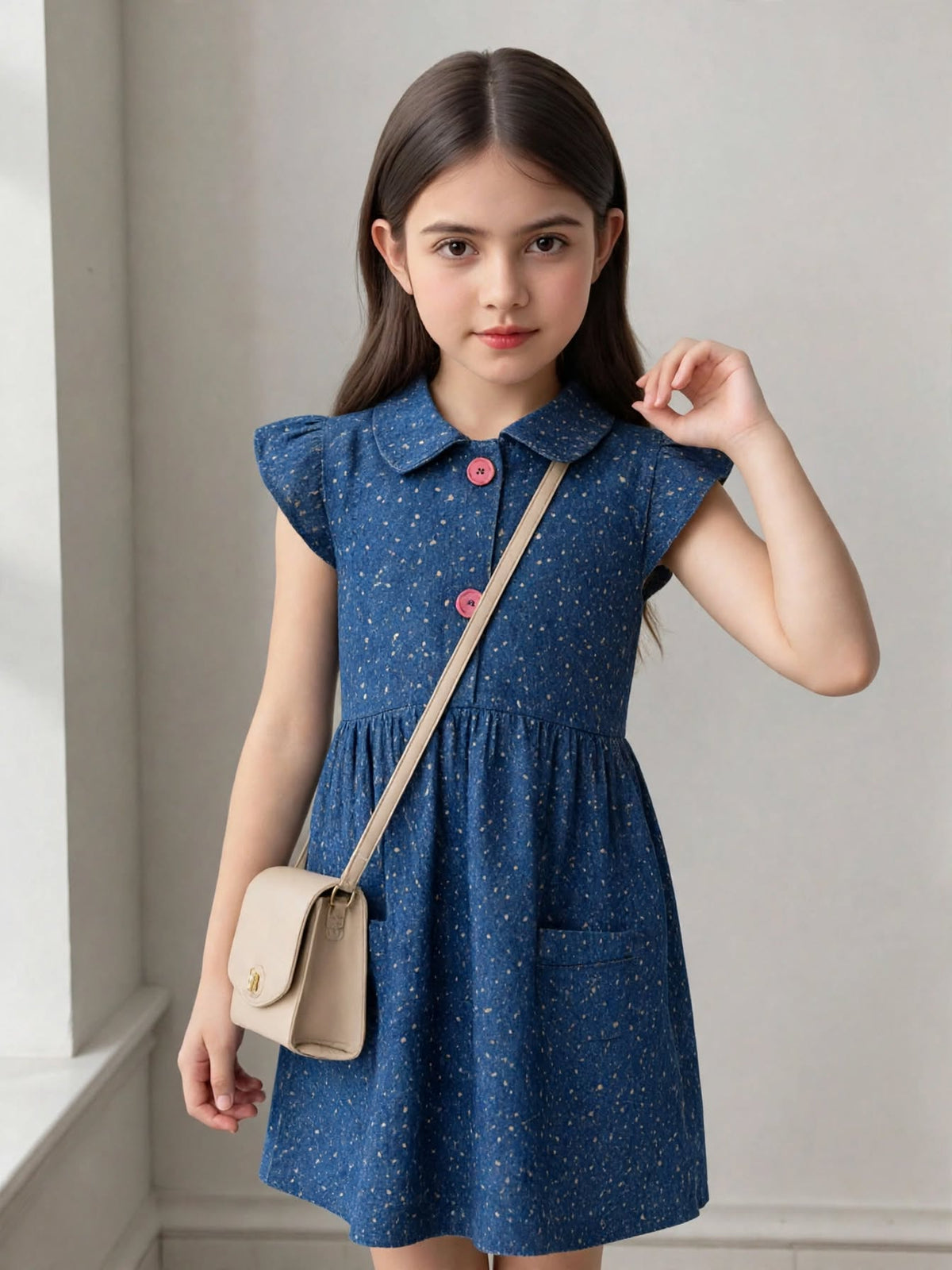 Girls Navy Blue Speckle Print Denim Dress | Peter Pan Collar Red Trim & Buttons Flutter Sleeves | Ages 6-24 Months | MH