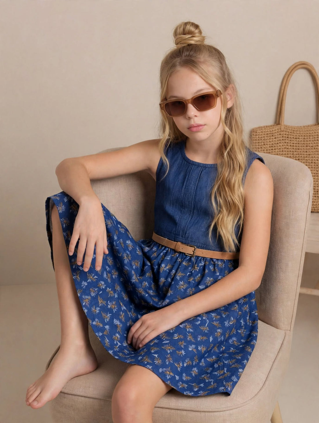 Sleeveless Navy Denim Floral Chambray Dress for Girls with Tan Belt | MH Kids Casual Sundress