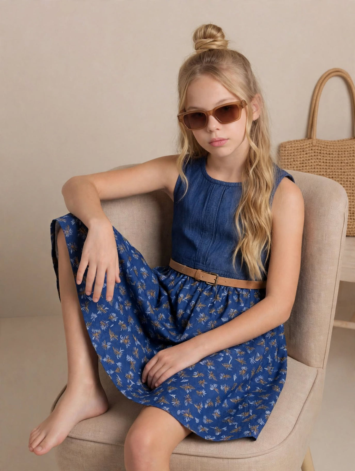 Sleeveless Navy Denim Floral Chambray Dress for Girls with Tan Belt | MH Kids Casual Sundress