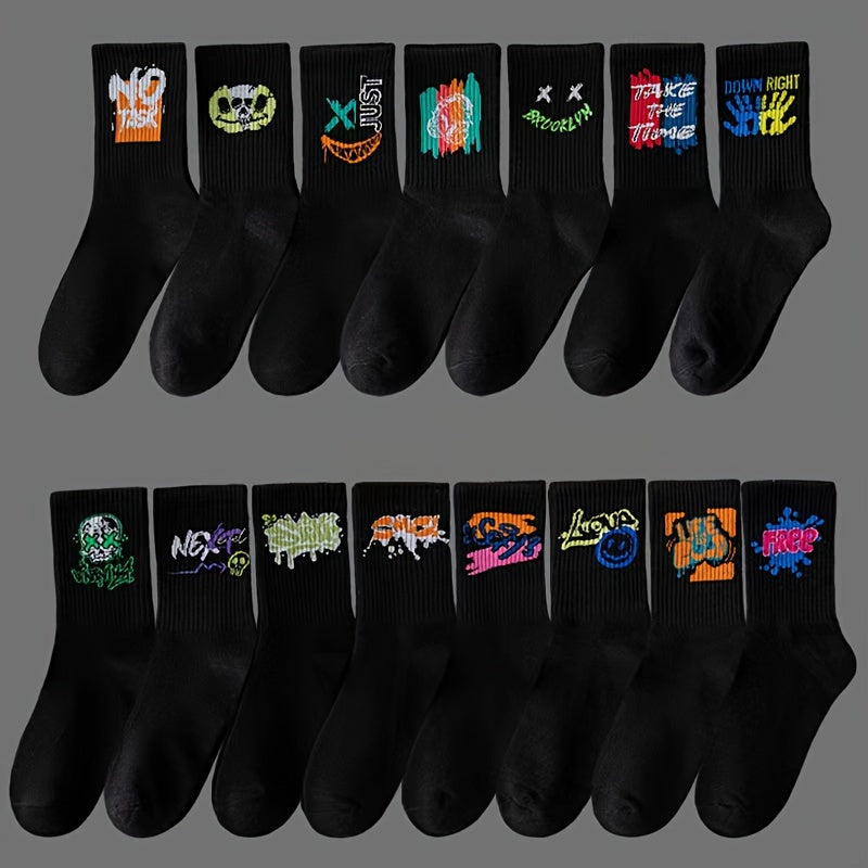 10 Pairs Graffiti Print Socks, Street Style Soft Unisex Mid Tube Socks./MH