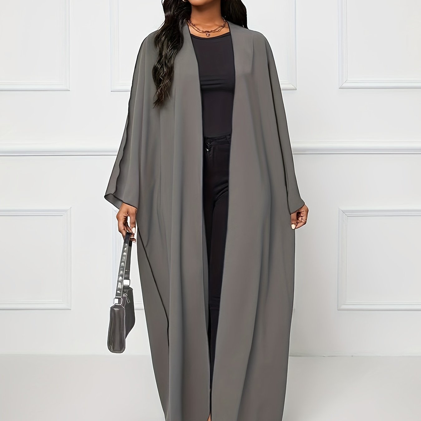 Solid Crew Neck Long Sleeve Kaftan Dress, /MH