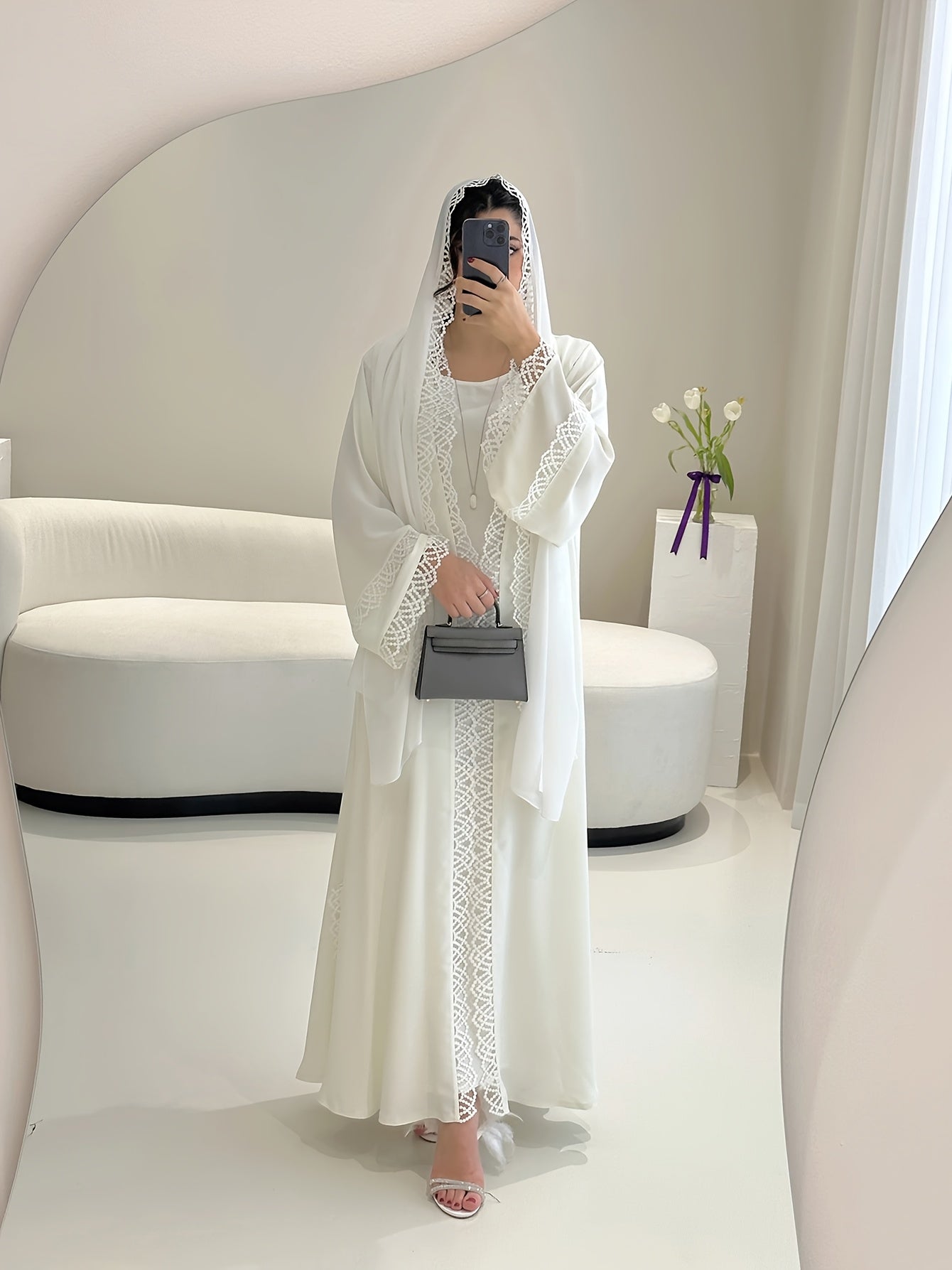 2pcs Set with Lace Trim Muslim Kaftan Plus Sleeveless Vest Skirt, / MH