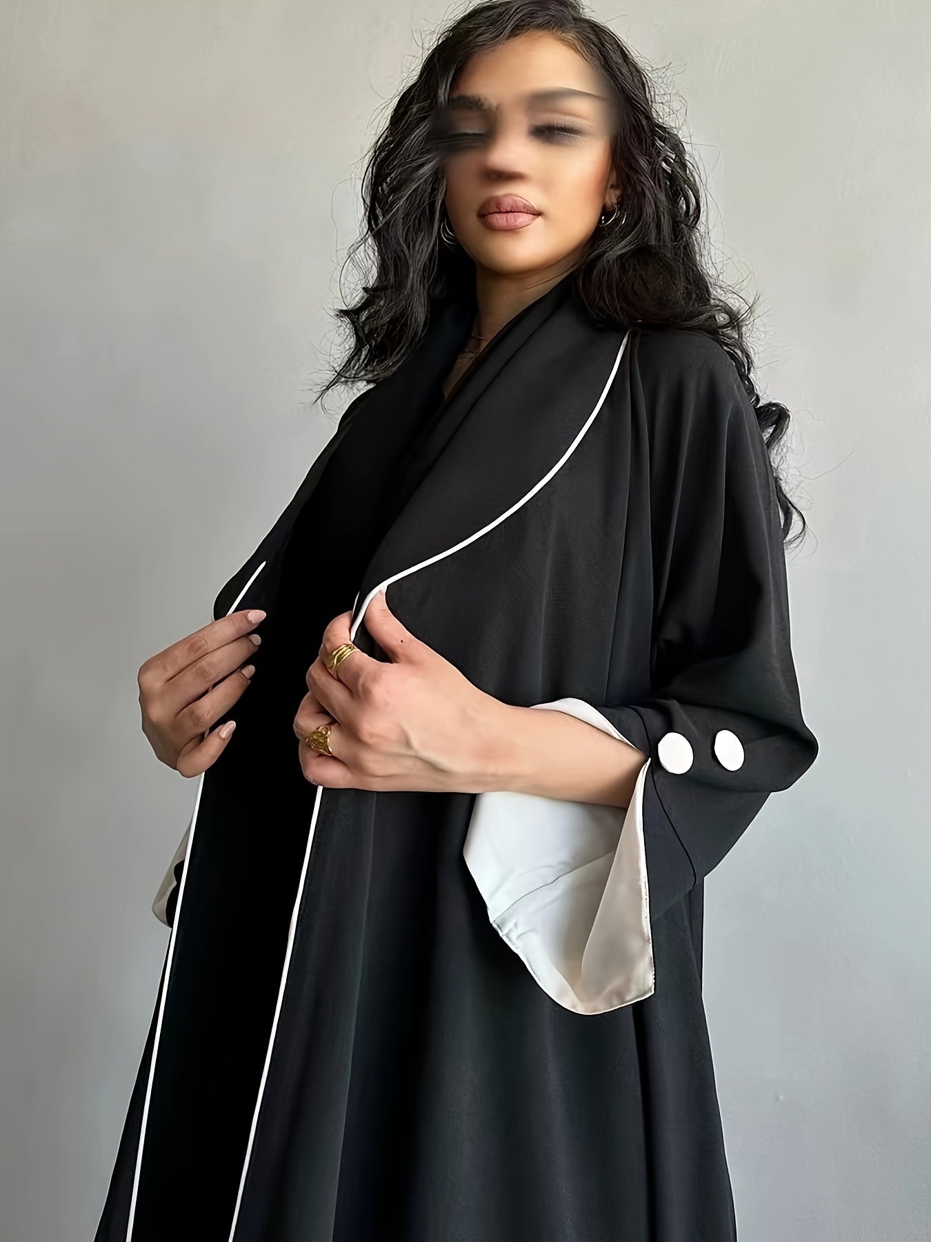 Contrast Trim Lapel Neck Abaya Dress, Elegant Open Front Long Sleeve ./ MH
