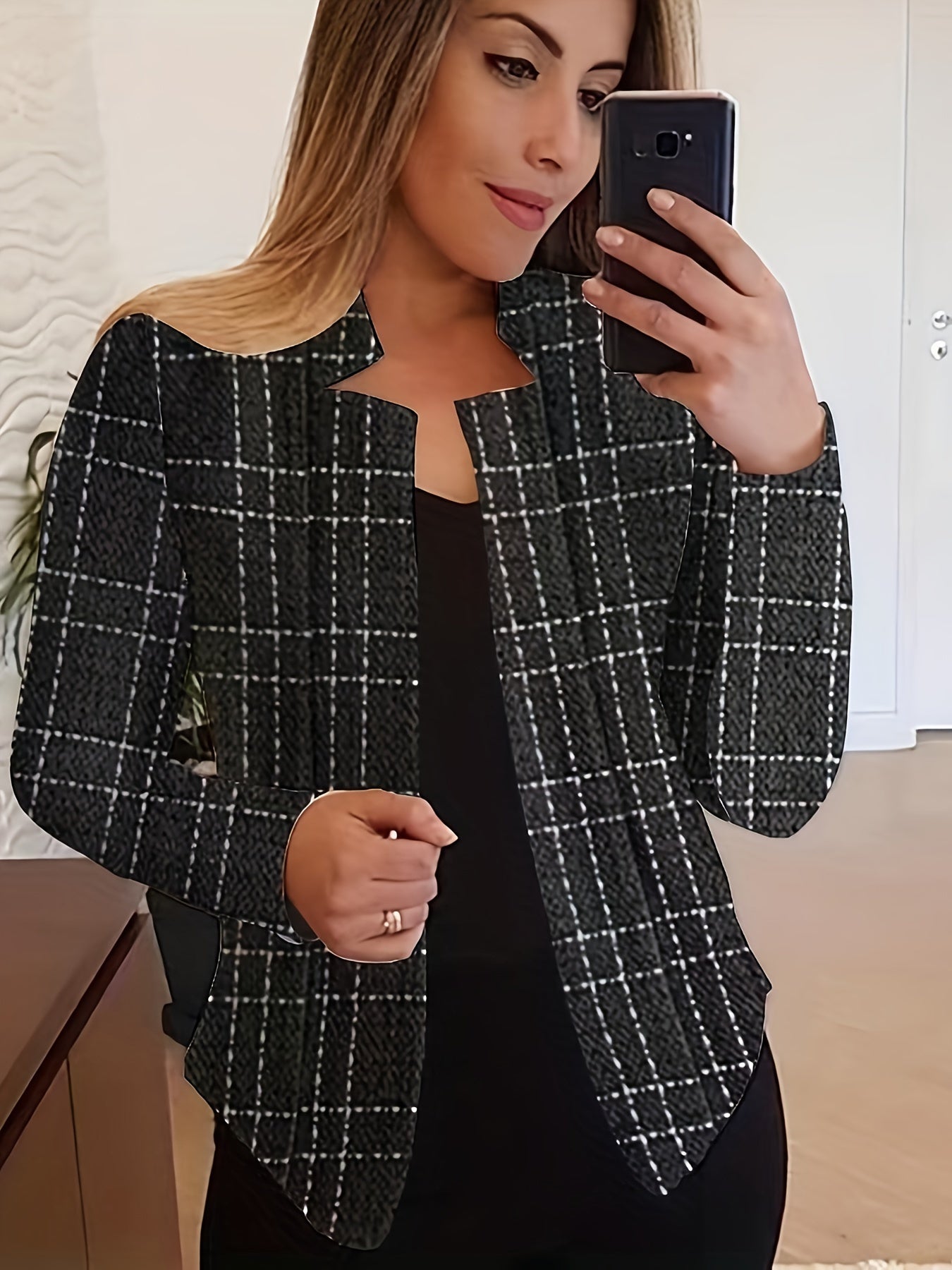 Plaid Print Open Front Blazer, Elegant Long Sleeve .