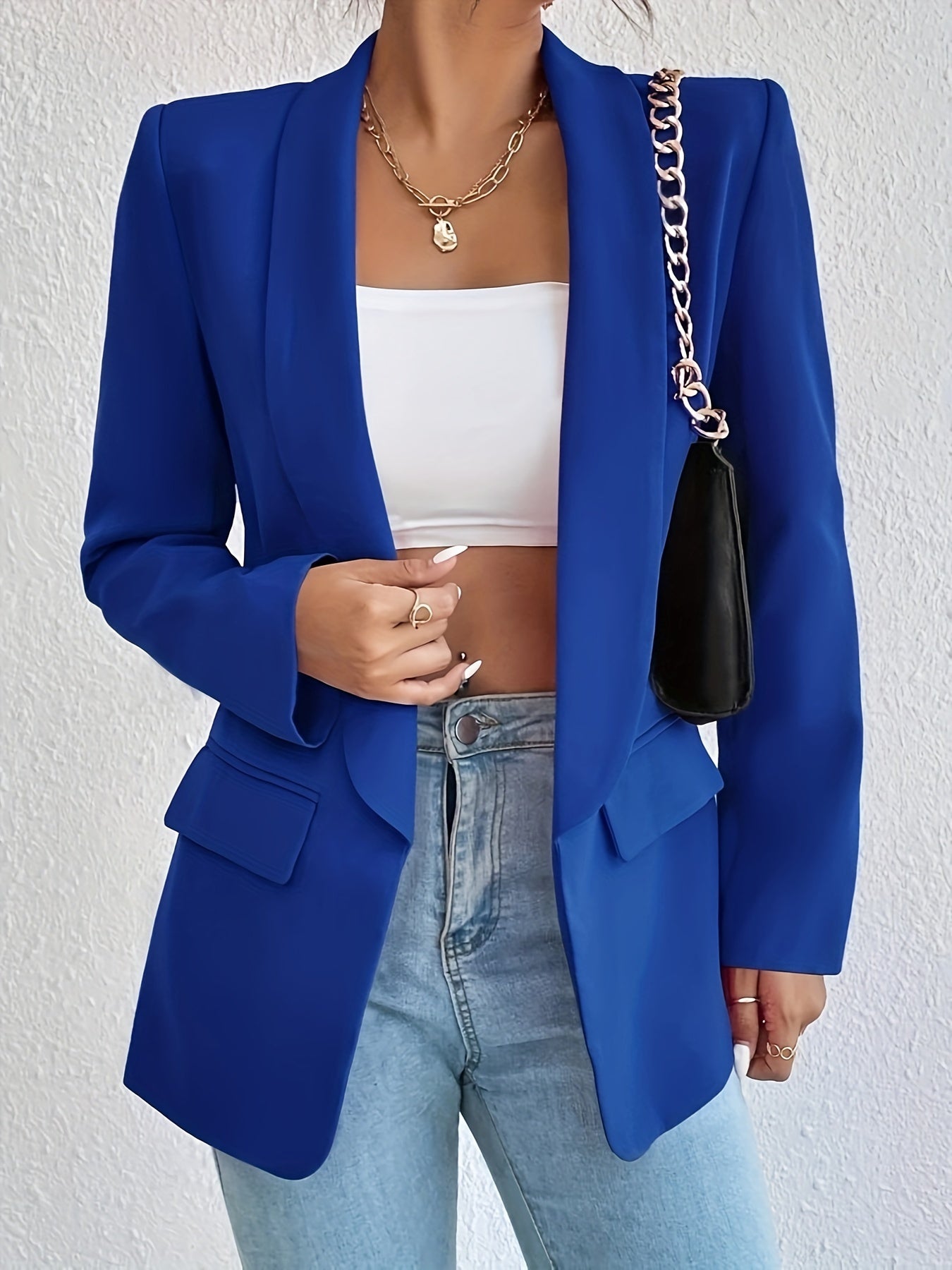 Solid Color Open Front Blazer, Casual Lapel Long Sleeve Blazer.