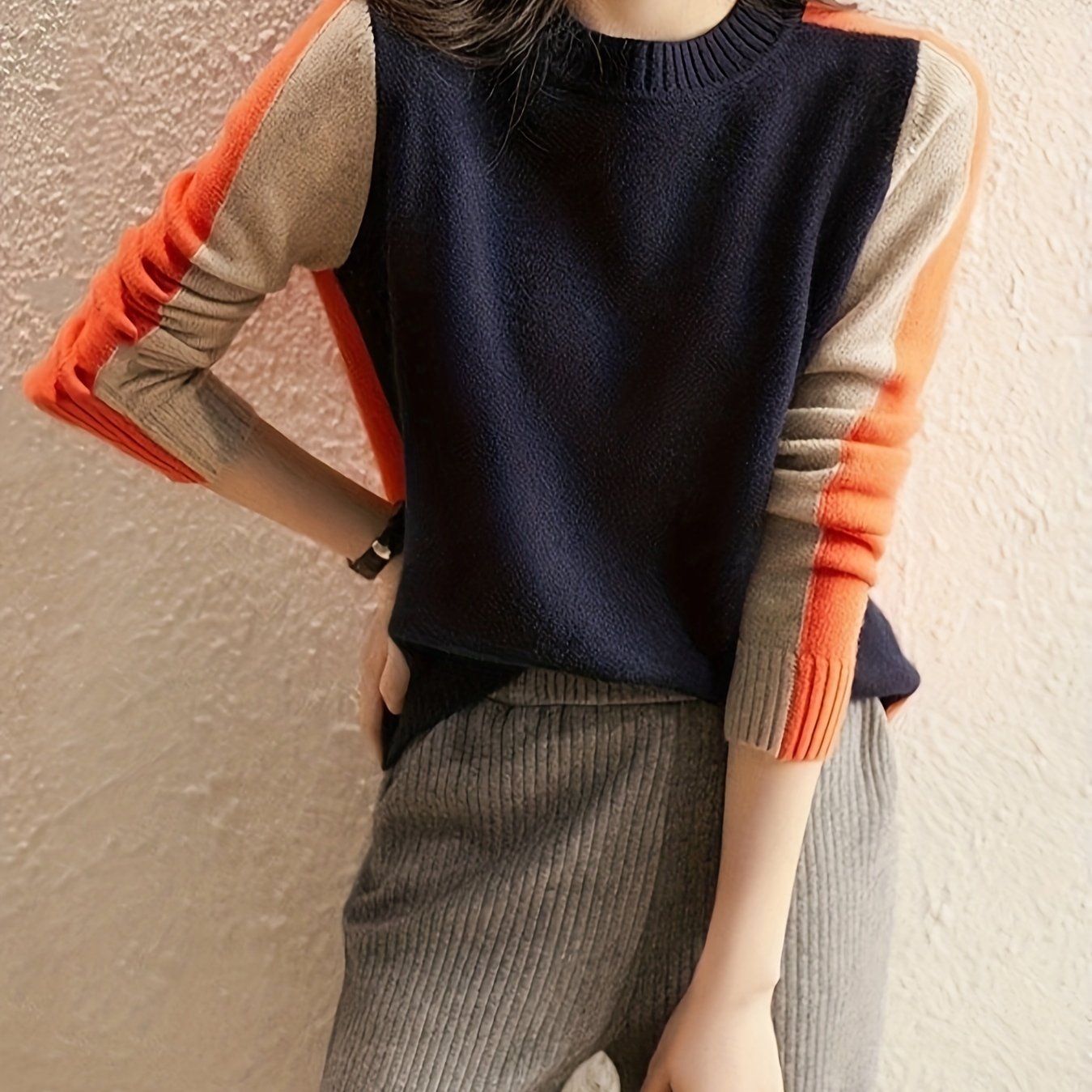 Crew Neck Pullover Sweater, Casual Long Sleeve Fashion Sweater,
