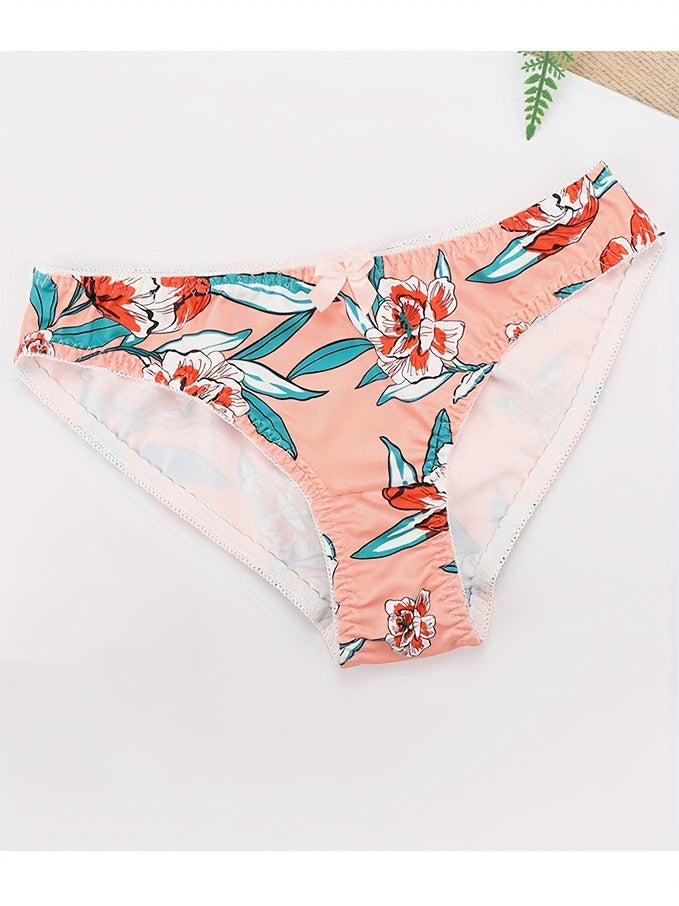 Floral Print Bra & Panty, Bow Decor Plunge Bra & Panties Lingerie Set, /MH