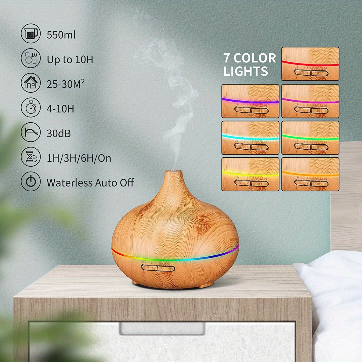 1pc Aroma Diffuser Essential Oil Large Room Office 550ml Wood Color USB Charge Essential Oil Diffusers Cool Mist Humidifier Super Quiet Ambient 7 Color LED Light Waterless Auto Off Aromatherapy Diffuser For Home Bedroom Gift