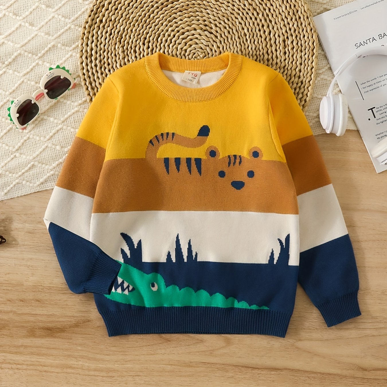 Boys Color Block Cartoon Tiger And Crocodile Pattern Sweater