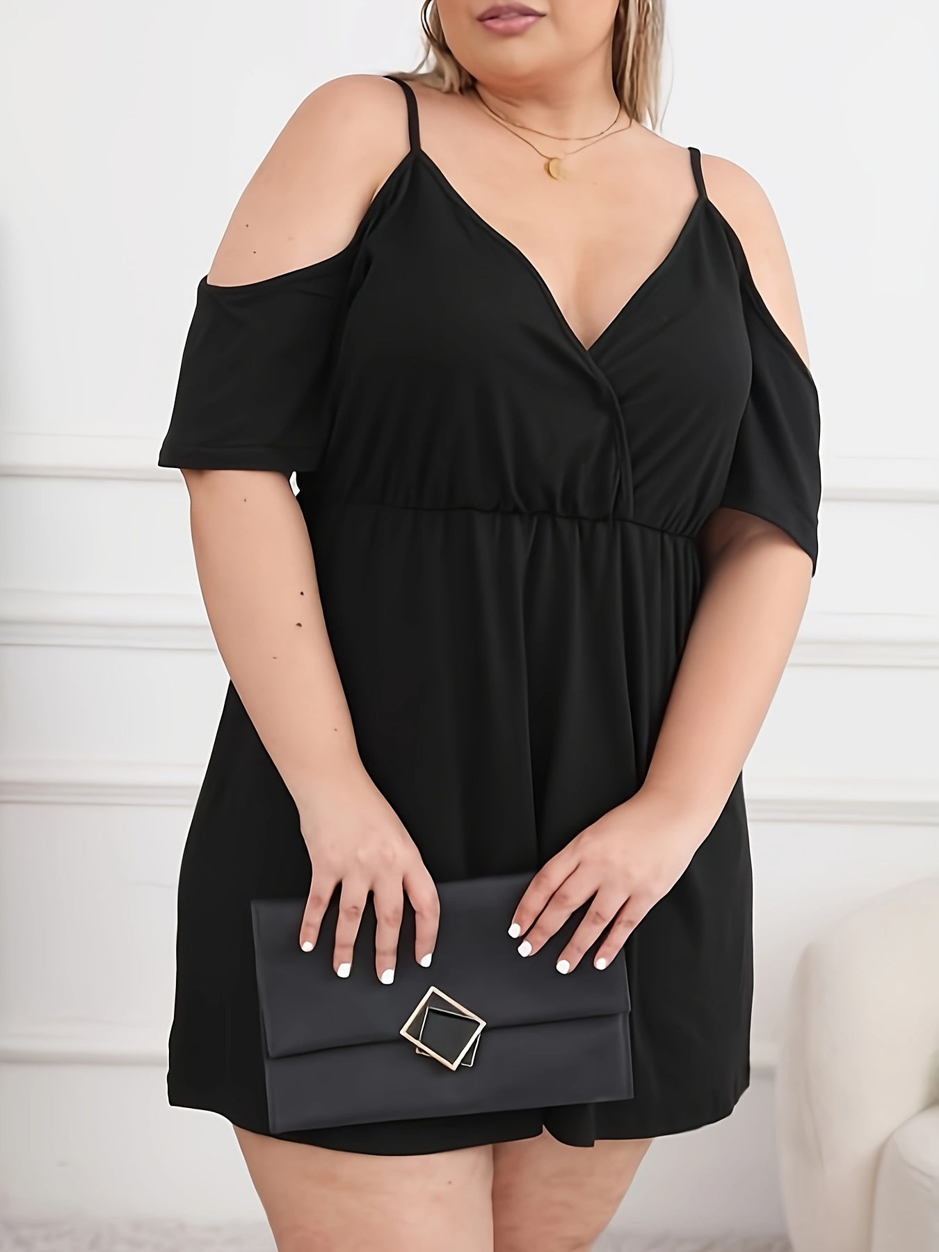 Plus Size Solid Cinched Waist Cold Shoulder Dress,/MH