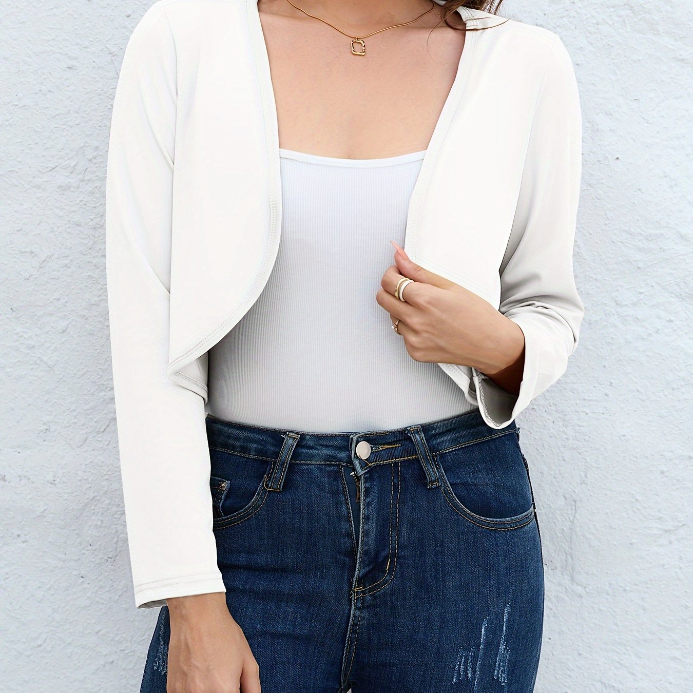 Solid Open Front Blazer, Casual Long Sleeve Crop Blazer For Work,