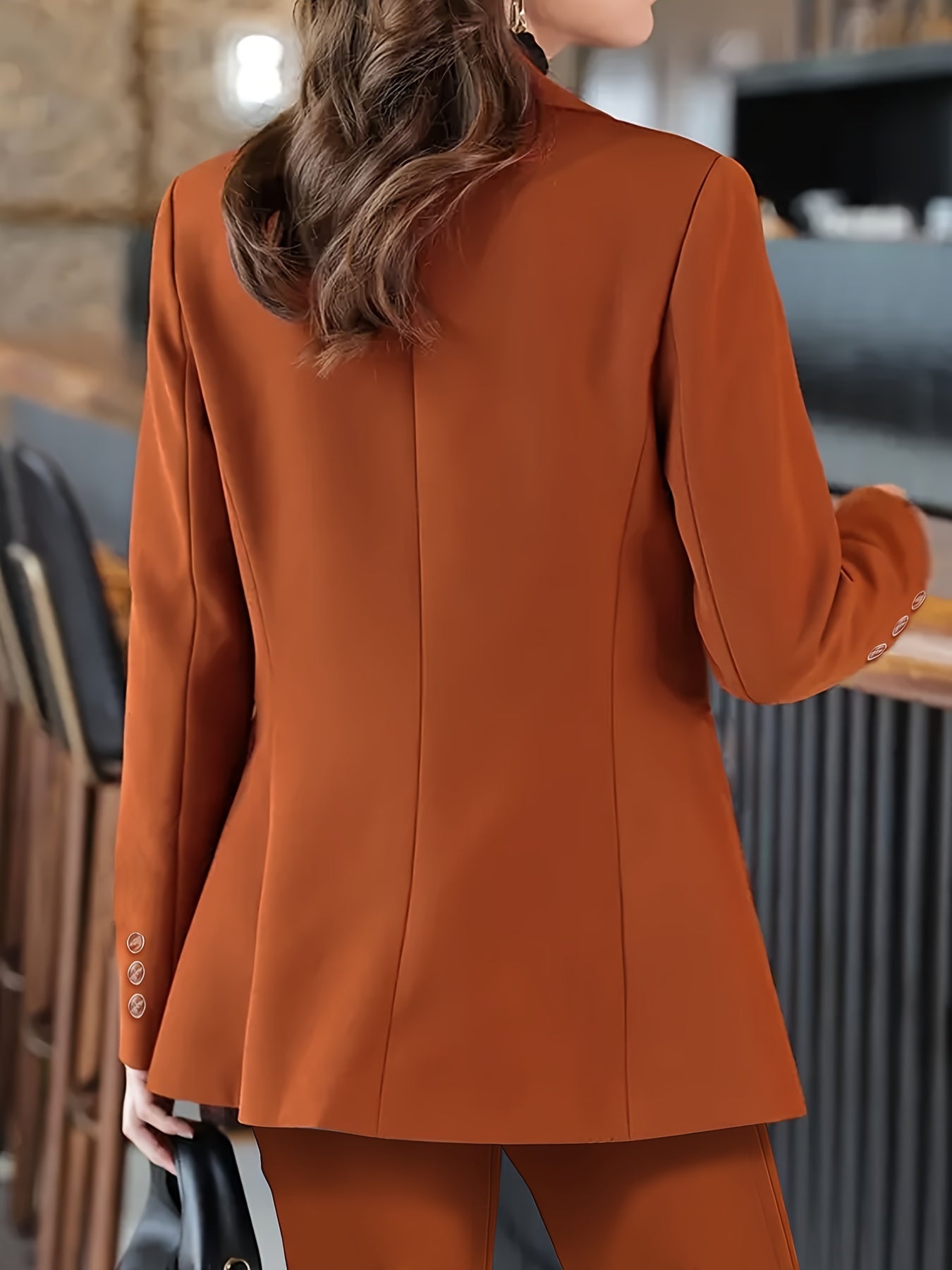 Elegant Office & Work Pants Set, Solid Color Double Breasted.